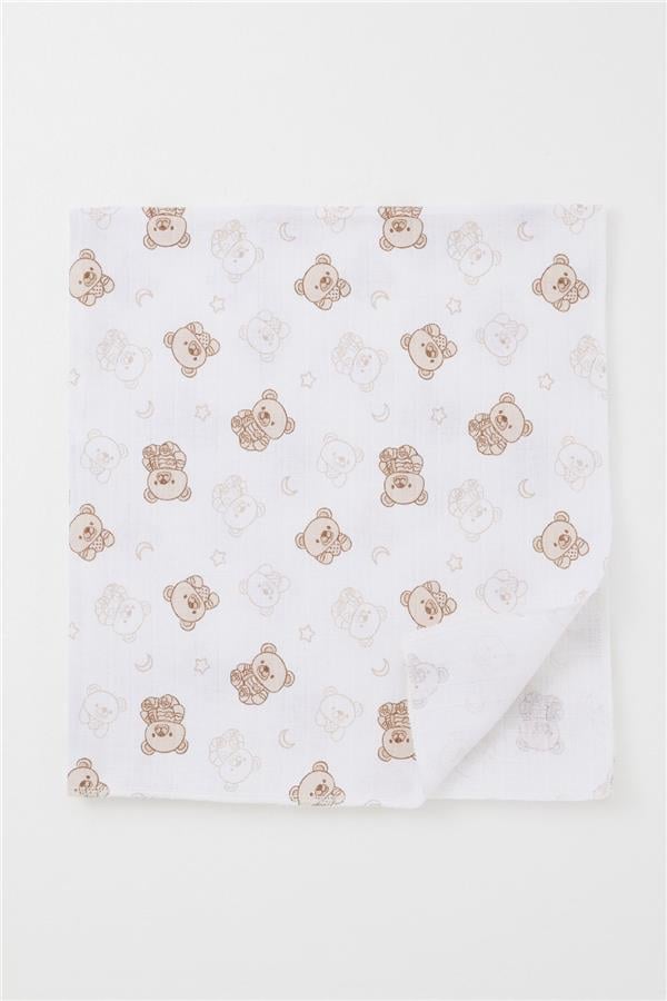 Newborn Baby Muslin Blanket with Cute Baby Teddy Bear Design, Ecru (77 x 93 cm)